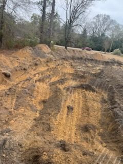 Earthen terrain, with varying brown and yellow hues, is carved out. Trees and sky are in the background.