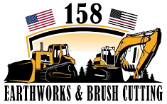 Logo with bulldozer and excavator; earthworks and brush cutting services, American flags, number 158.