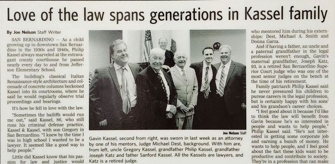 The best criminal defense lawyers in Redlands, a newspaper article about love of the criminal defense law spans generations in Kassel family