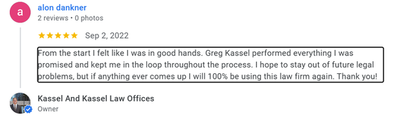 5 star review from Google for a criminal defense lawyer in the Inland Empire