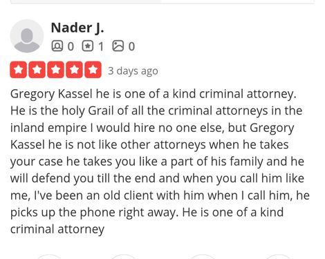 5 star review from yelp for a criminal defense lawyer in the Inland Empire