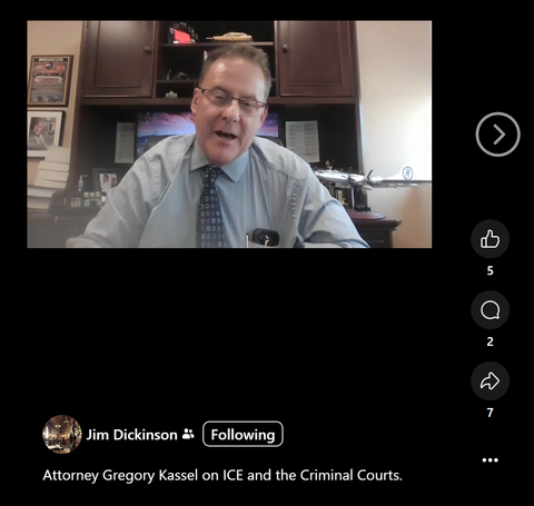 Attorney Gregory Kassel on video speaking about ICE and criminal courts.