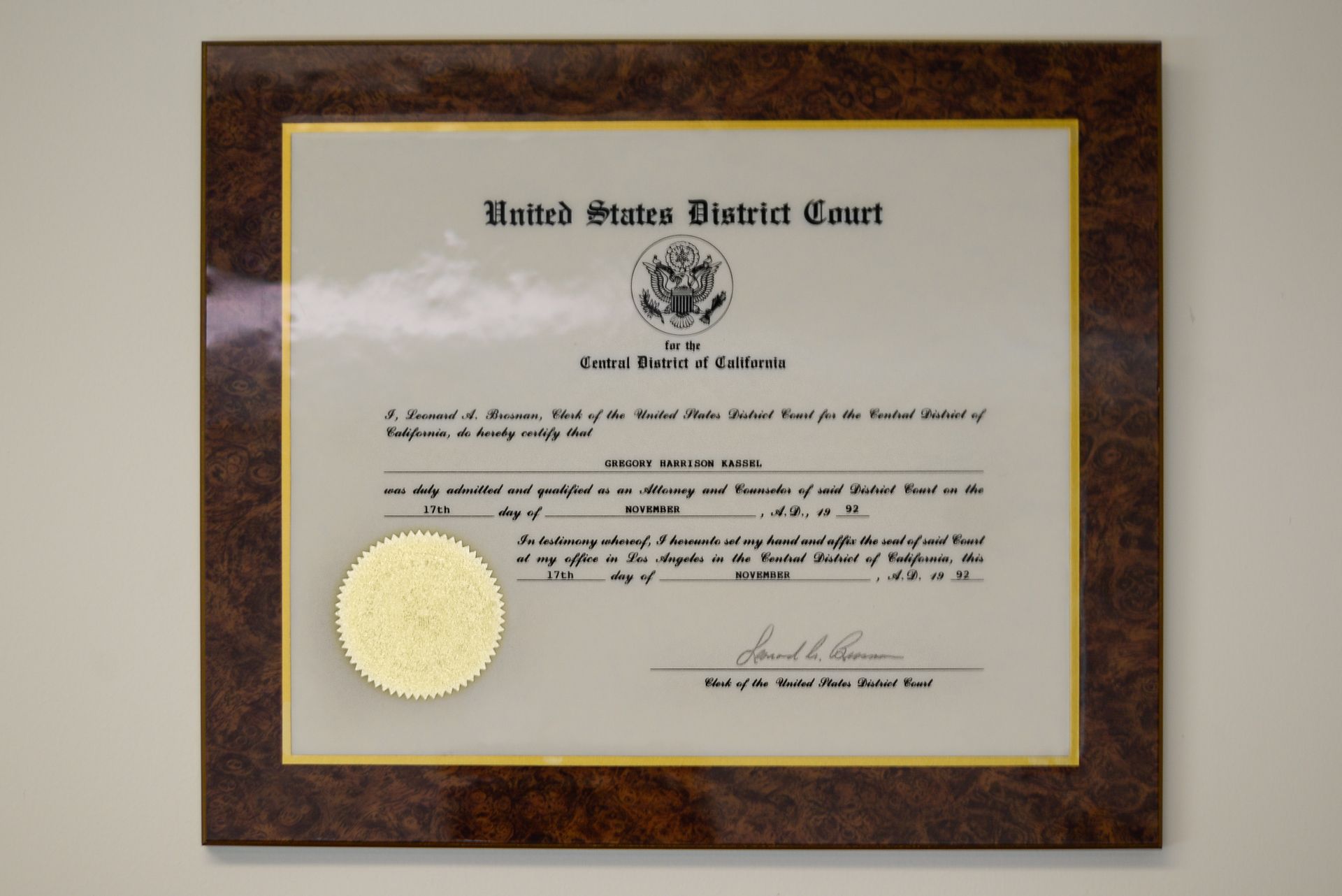 Central District of California duly admitted and qualified as attorney and counselor Gregory Harrison Kassel