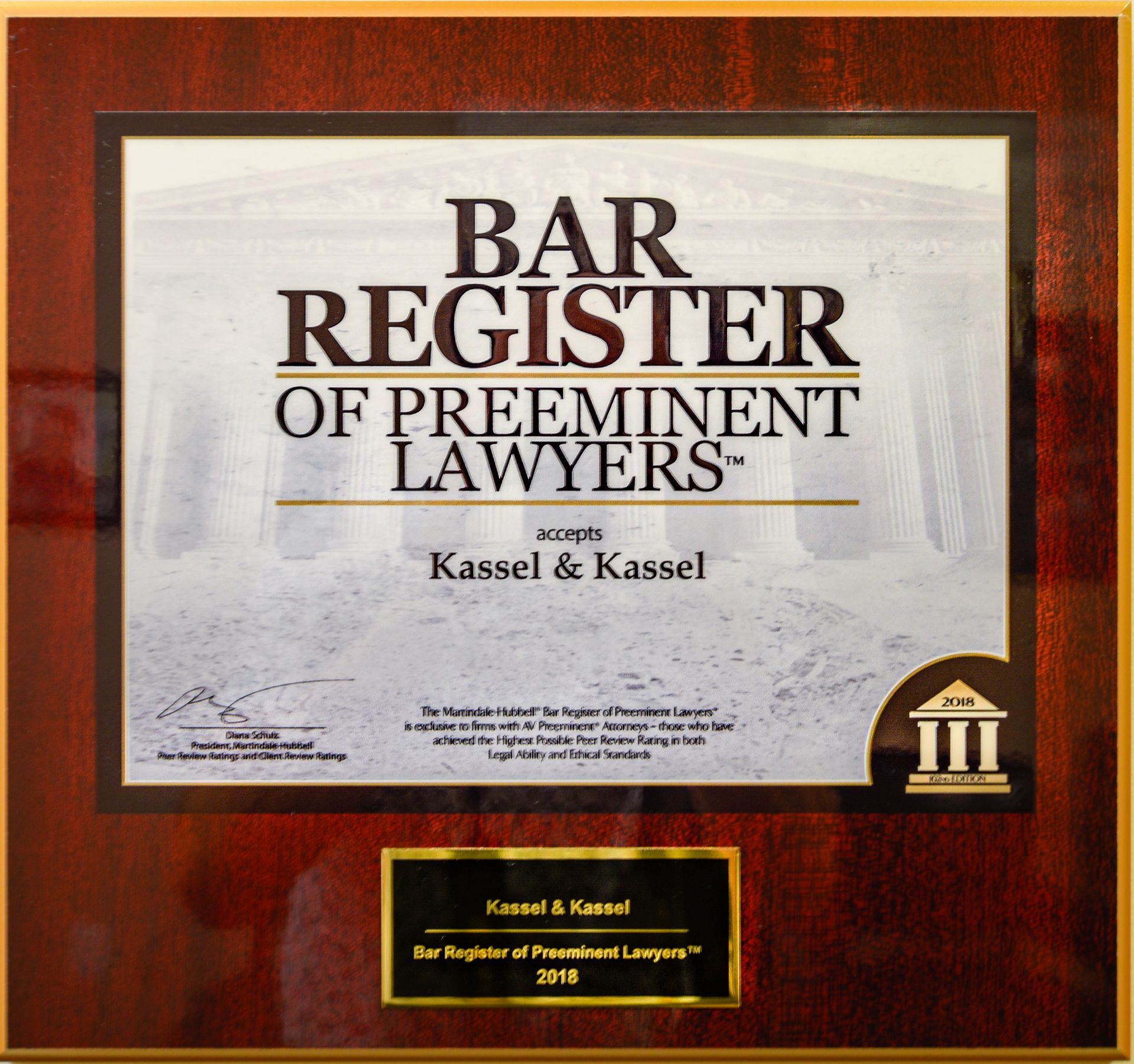 a certificate that says bar register of preeminent lawyers