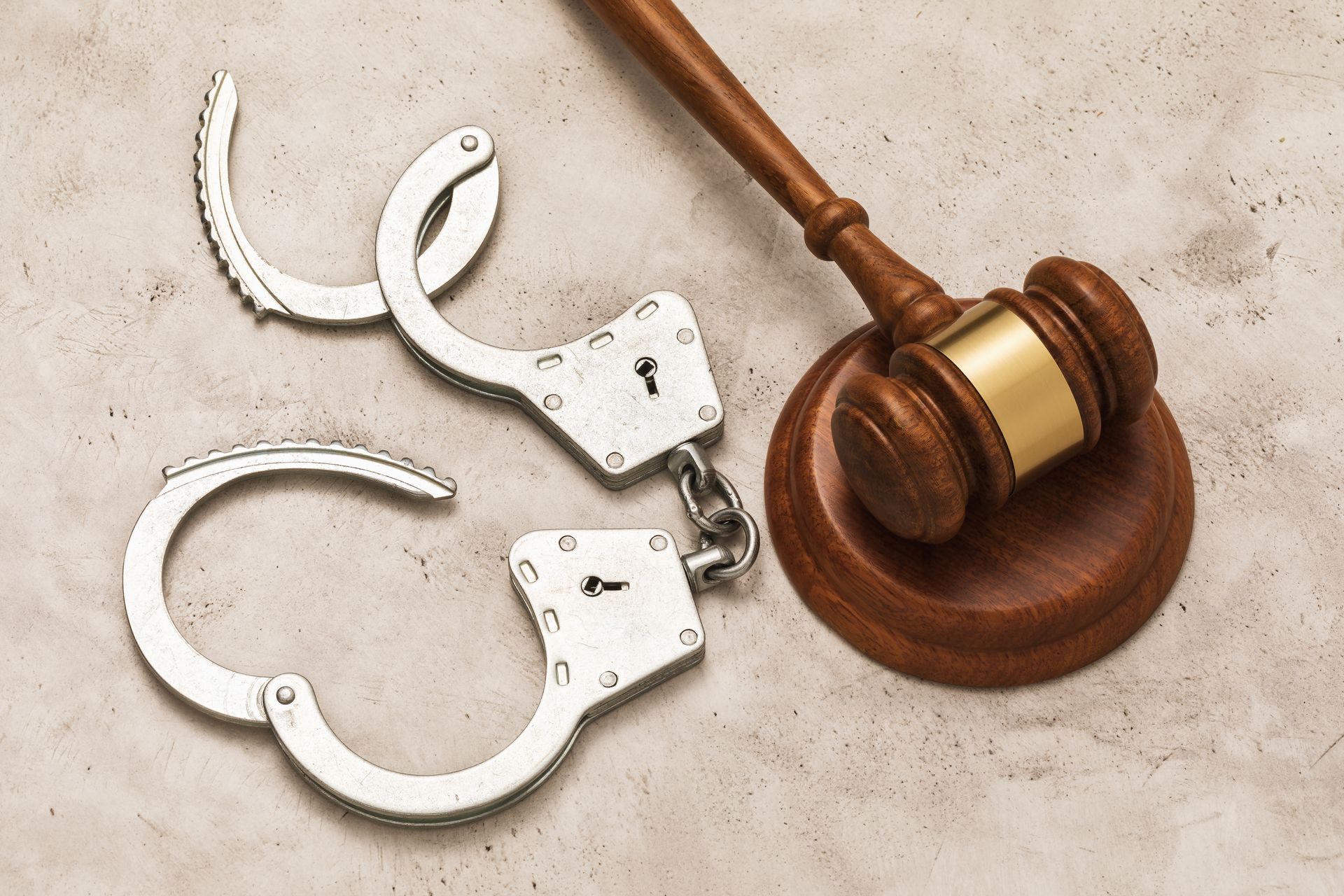 a pair of handcuffs and a judge 's gavel on a table .