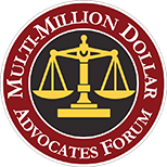 the logo for the multi-million dollar advocates forum has a scale of justice in the center .