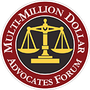 the logo for the multi-million dollar advocates forum has a scale of justice in the center .