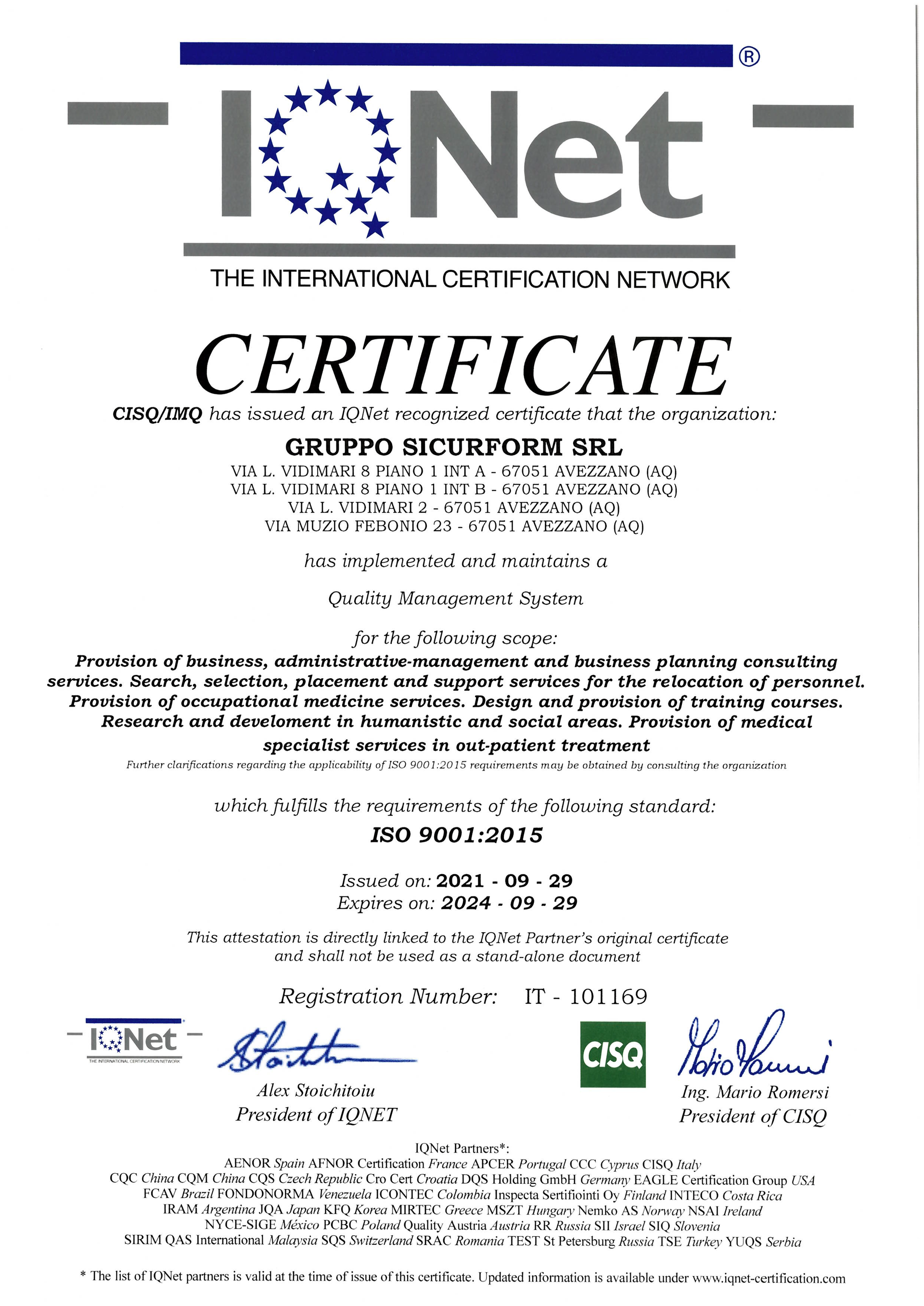 Certificato ISO 9001:2015 | Politica della Qualità