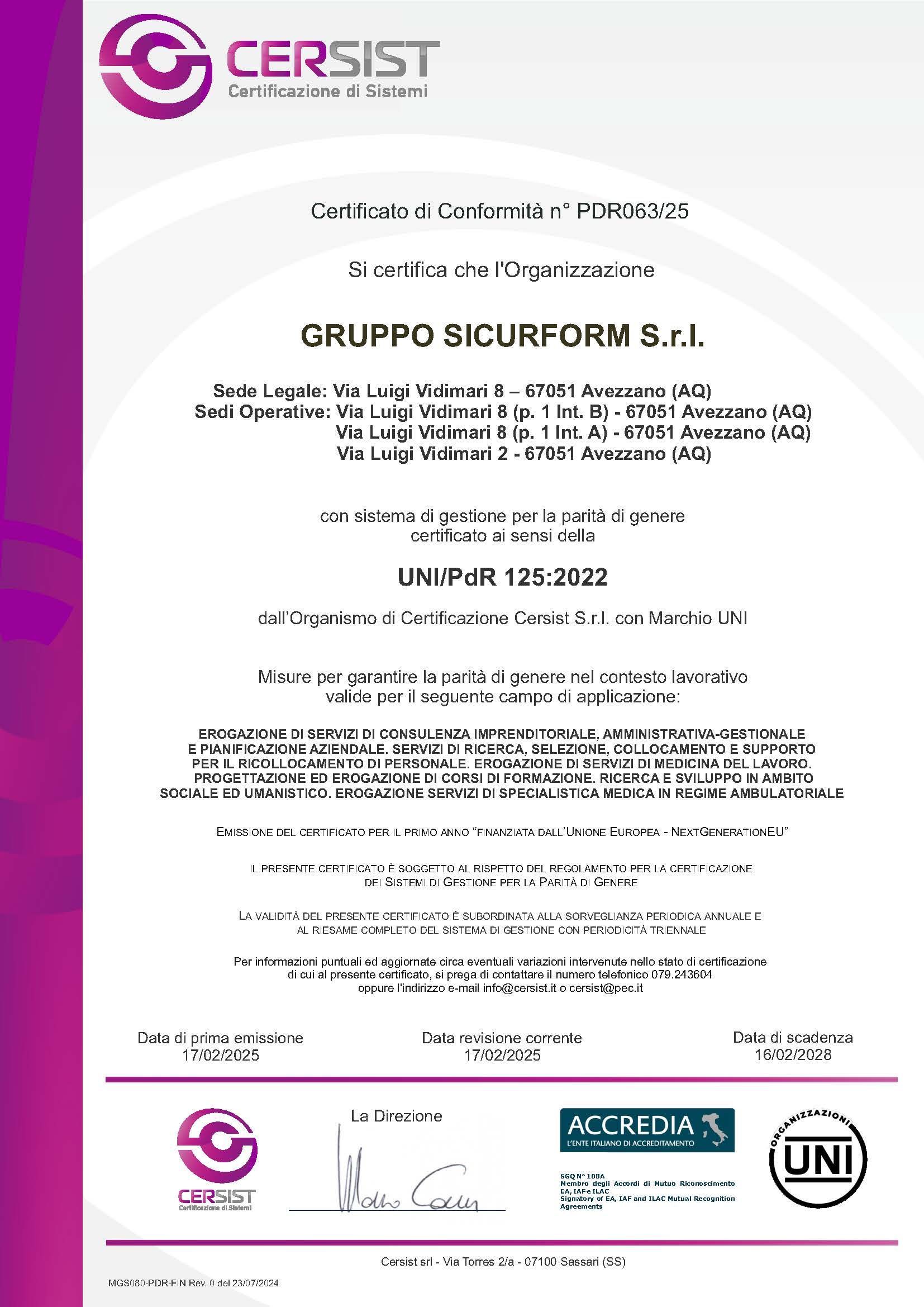 Certificato Sistema di Gestione per la Parità di Genere UNI/PdR 125:2022 | Politica della Qualità