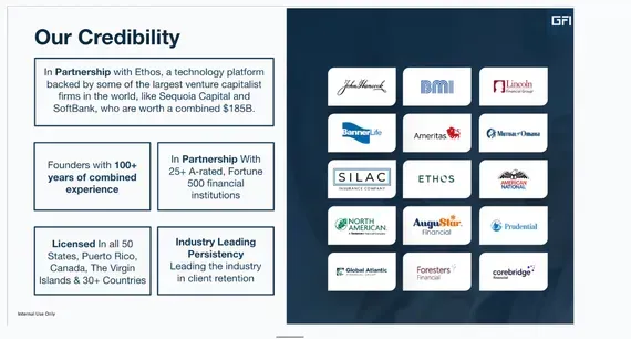 Slide showing credibility claims with logos of partners, industry stats, and partner firms.