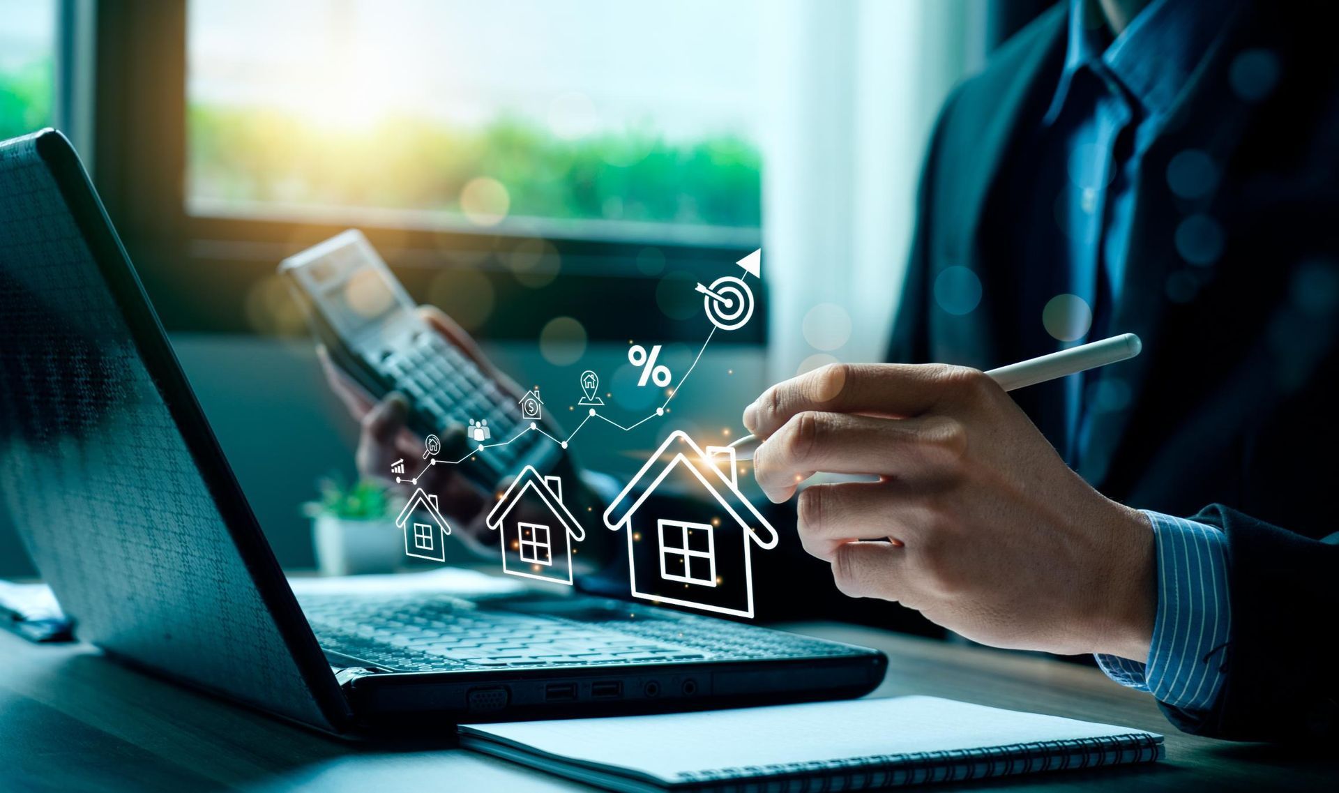 Man using a calculator and laptop with house icons overlaid, calculating real estate costs.