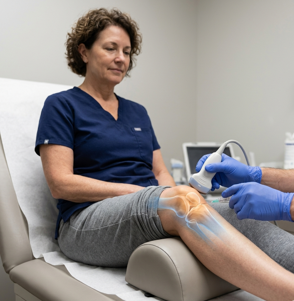 Médico realizando infiltração intraarticular guiada por ultrassom no joelho de paciente em consulta.