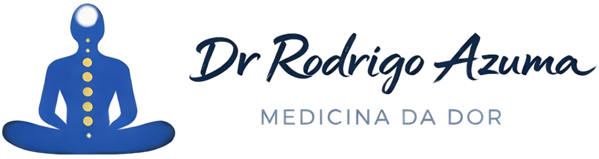 Logotipo com figura azul em meditação e texto “Dr. Rodrigo Azuma” e “Medicina da Dor”.