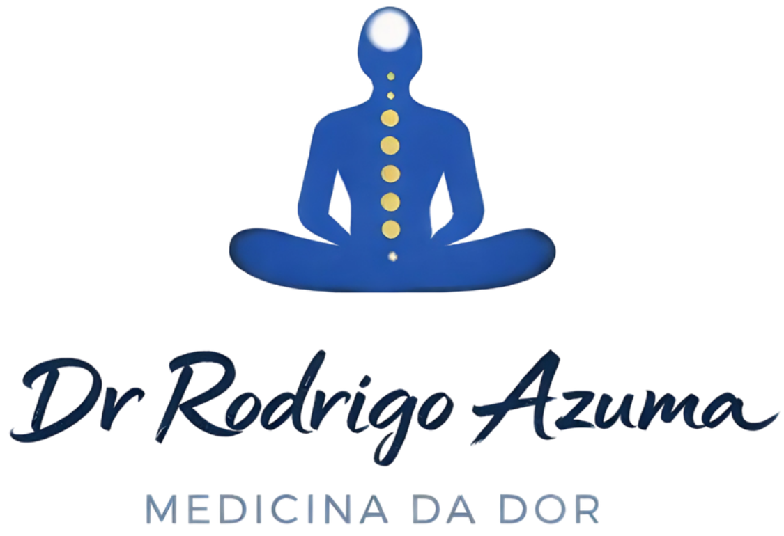 Logo azul de terapeuta em meditação com pontos amarelos e texto “Dr Rodrigo Azuma – Medicina da Dor”