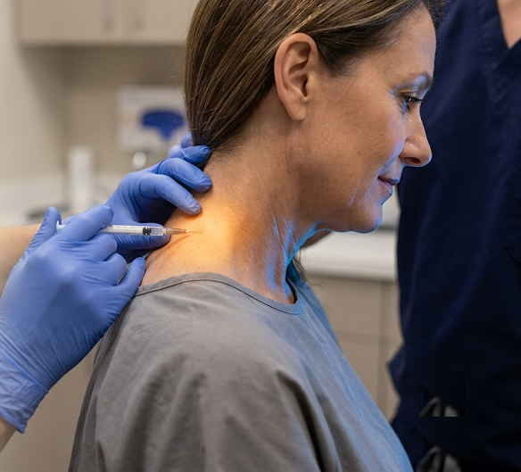 Médico aplicando toxina botulínica com agulha fina na região cervical de paciente