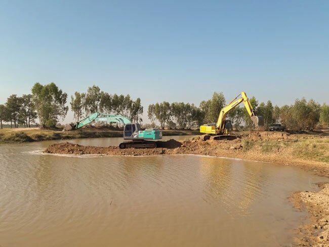 Green & Yellow Excavators on Water Bank — A & B Mullins Excavations Pty Ltd in Bundaberg in Bundaberg , QLD
