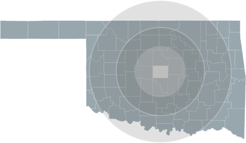 A map of the state of oklahoma with a circle around it.