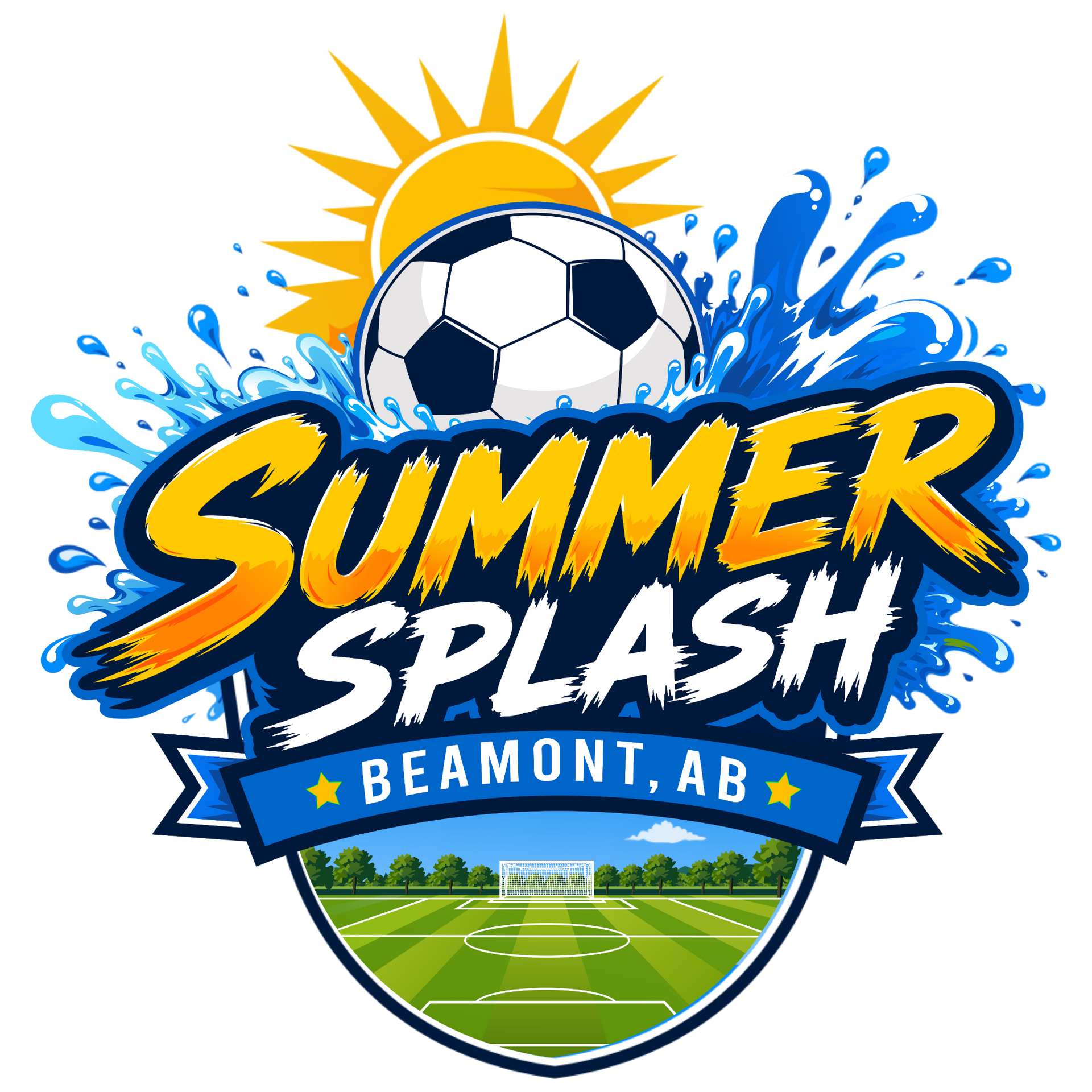 Beaumont Summer Splash logo with soccer ball and blue water splash graphic