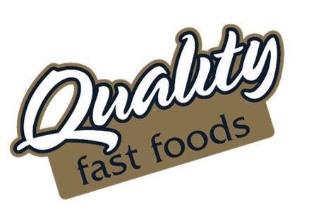 Quality fast foods logo in white script and black text on a tan banner