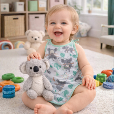 Bebé sonriente sosteniendo un koala de juguete en una sala de juegos colorida, rodeado de juguetes.