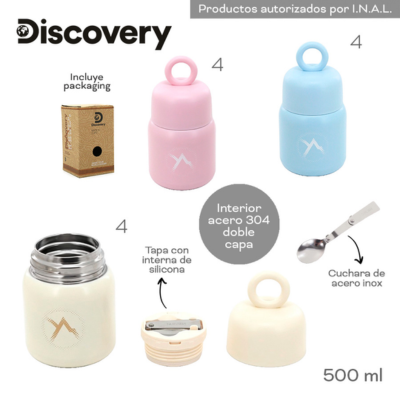 Contenedores y accesorios para alimentos térmicos de la marca Discovery, incluida una cuchara, en varios colores.