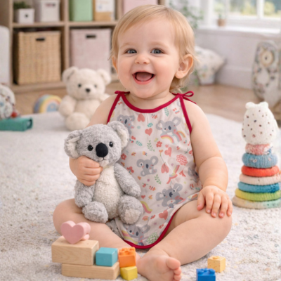 Bebé sonriente sosteniendo un koala de juguete en una sala de juegos colorida, rodeado de juguetes.