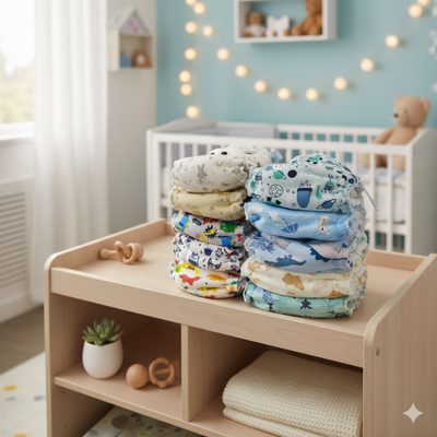 Pilas de pañales de tela de colores sobre un cambiador de madera clara en una guardería.
