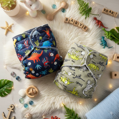 Dos pañales de tela con patrones de dinosaurios sobre una superficie blanca difusa, rodeados de juguetes y decoración.