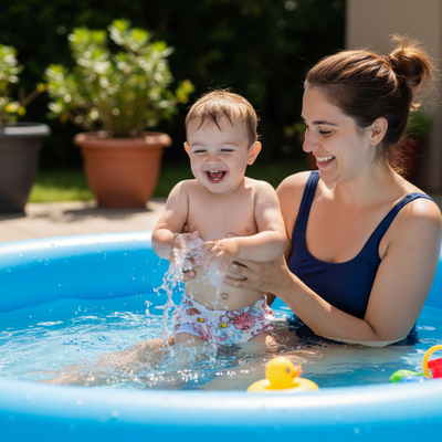 Dos niños jugando con juguetes de arena en una playa soleada cerca del océano.