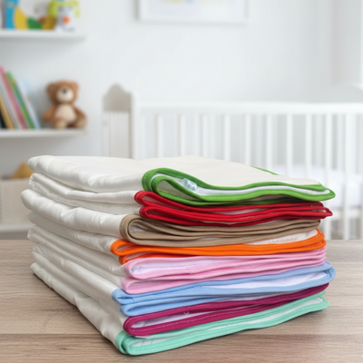 Pila de pañales de tela con ribetes de colores, en un entorno de guardería.