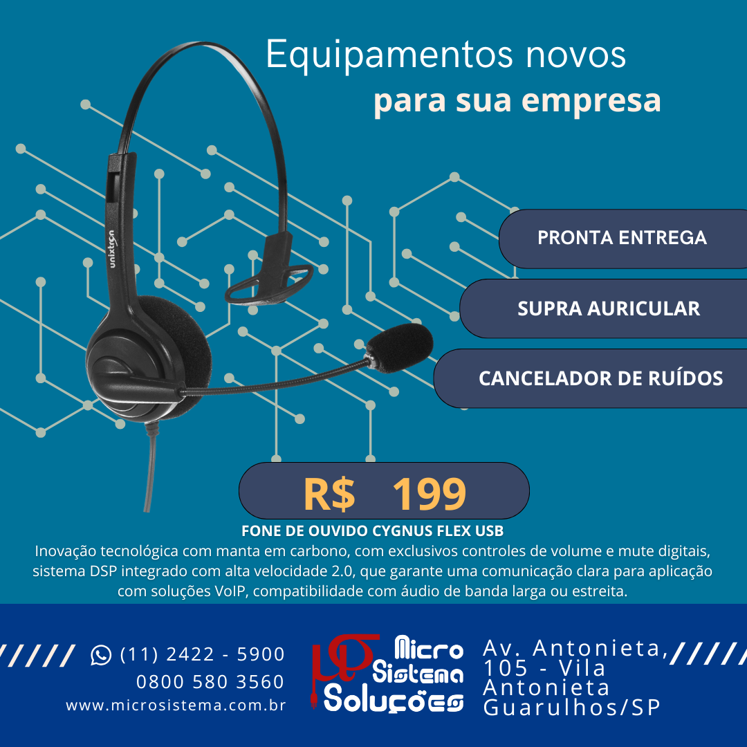Anúncio de headsets: um headset preto com fundo azul, com texto em português. Inclui preço de R$ 199.