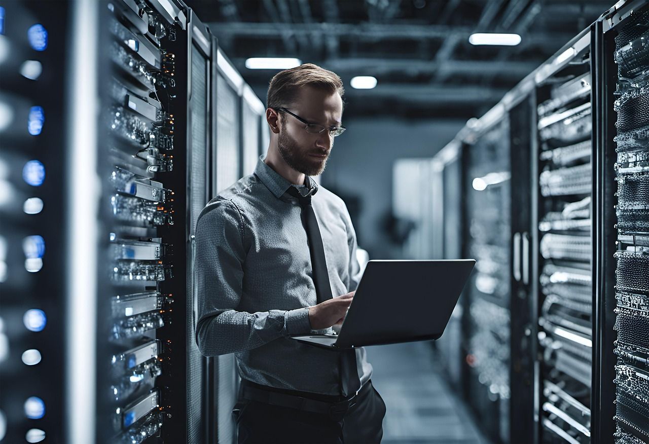 Um homem está usando um laptop em uma sala de servidores.