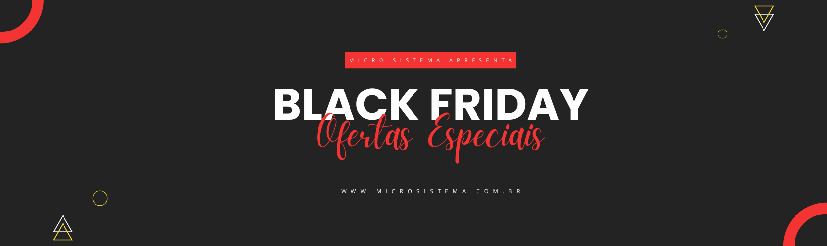 Banner de promoção da Black Friday com texto branco sobre fundo preto. "Black Friday" e "Ofertas Especiais" estão destacados em vermelho.