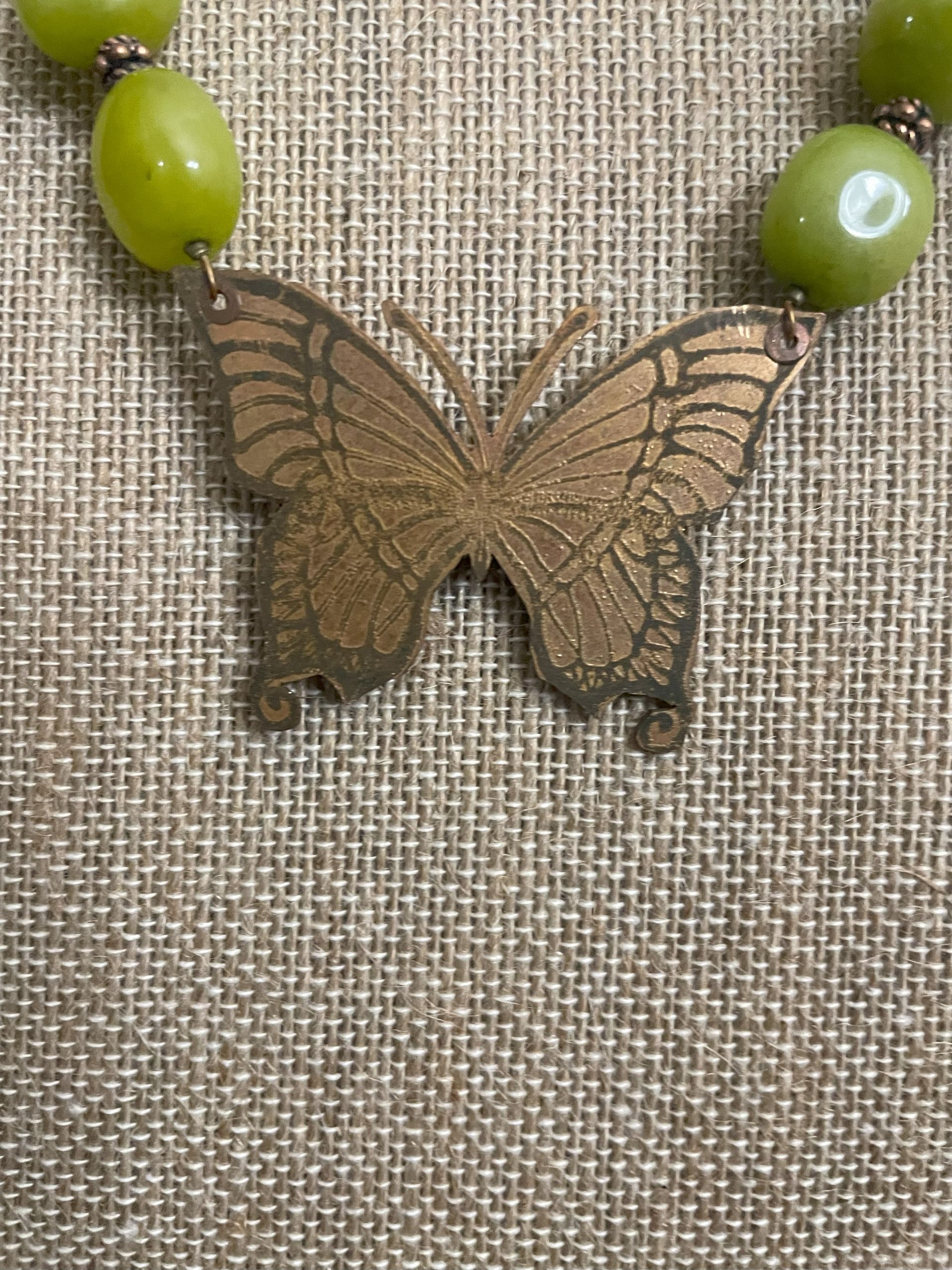 Lime Green Jade & Etched Copper Butterfly Necklace