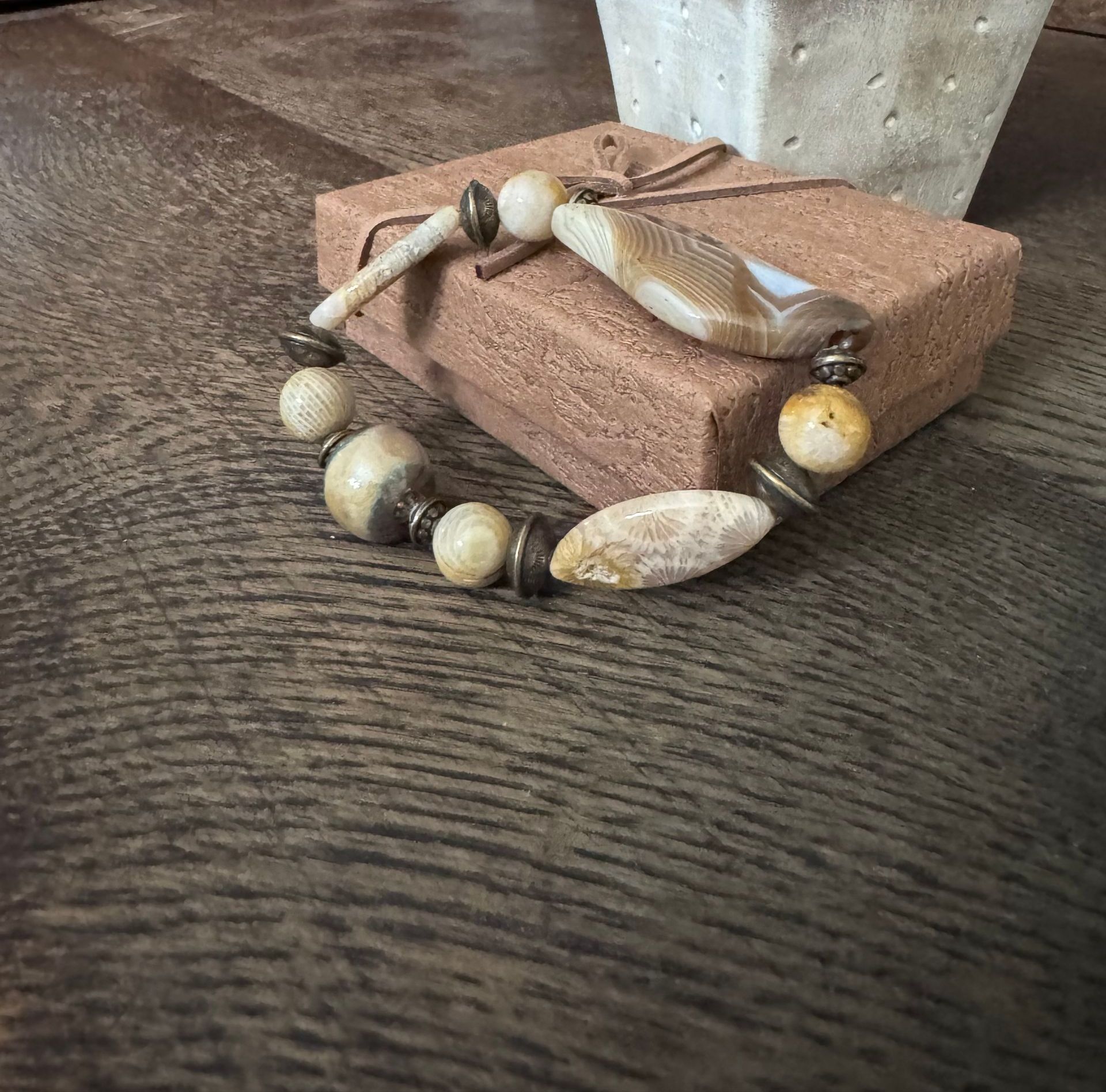 Fossil Coral, Botswana Agate and Brass Stretch Bracelet