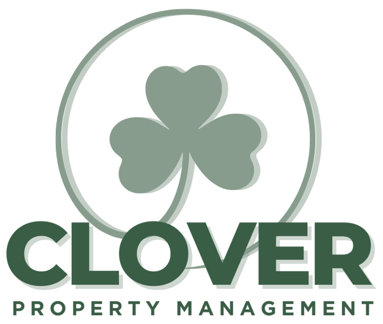 A logo for clover property management with a clover in a circle