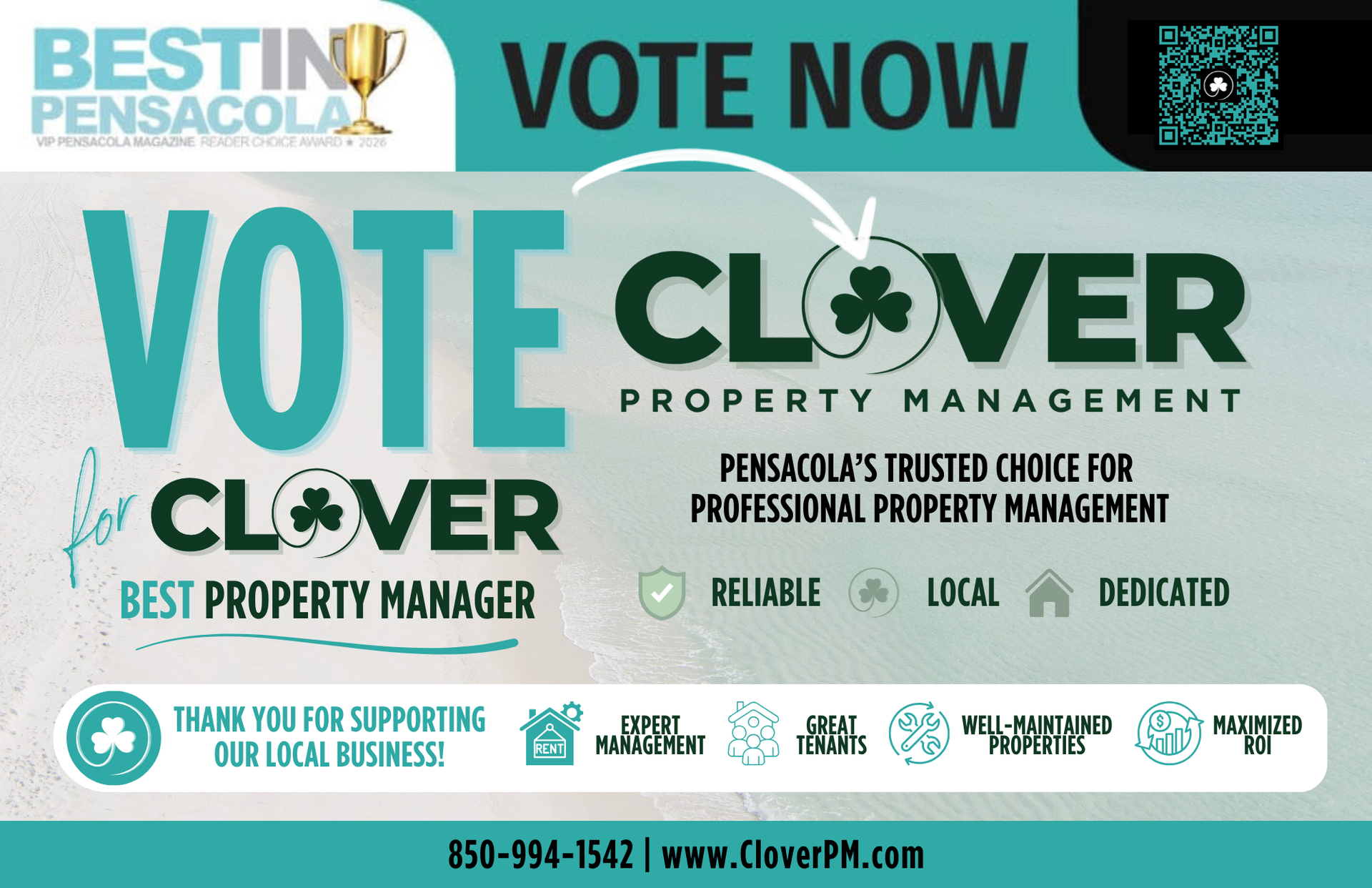 
Vote for Clover Property Management for Best Property Manager in Pensacola through VIP Pensacola Best in Pensacola Awards