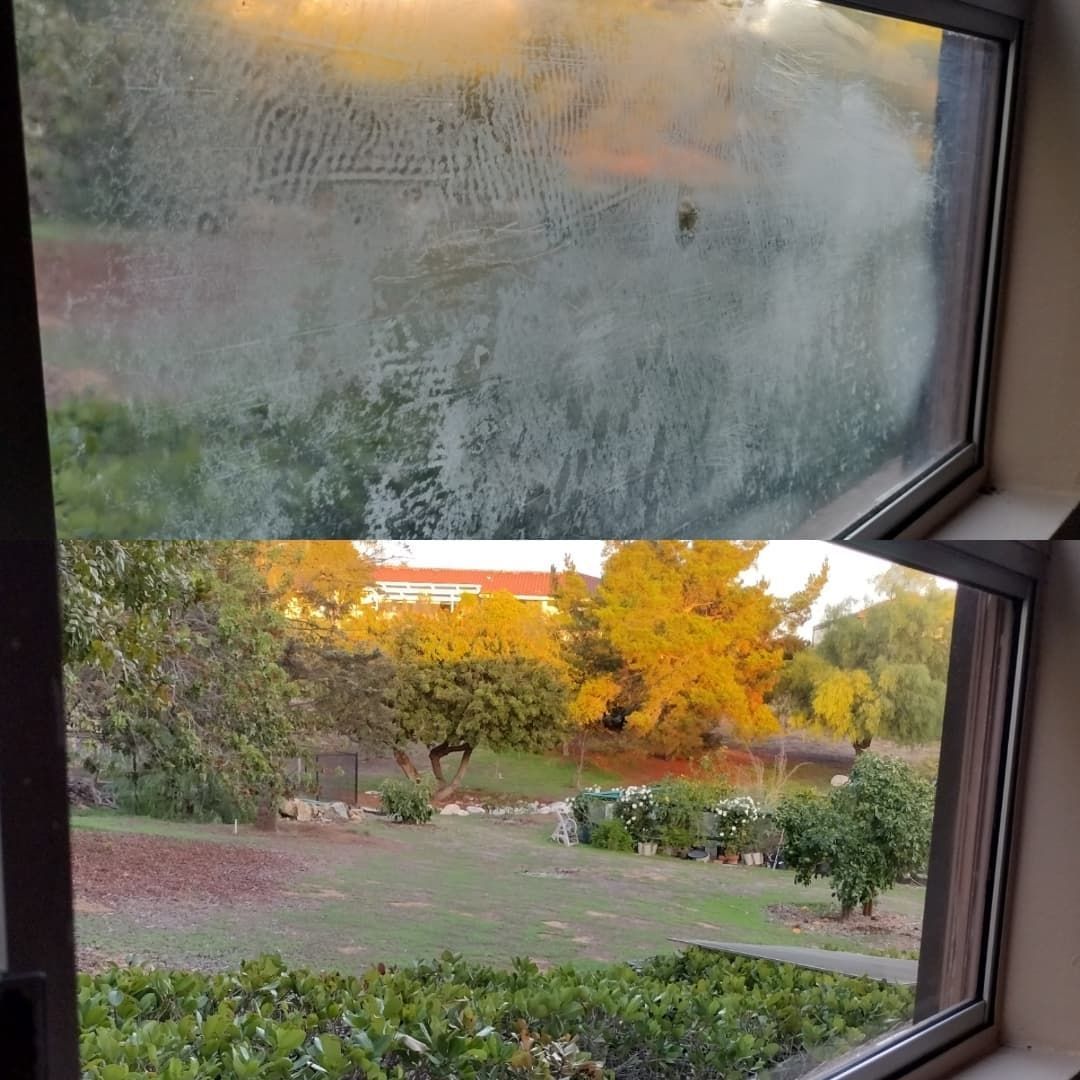 A before and after picture of a window with condensation on it.