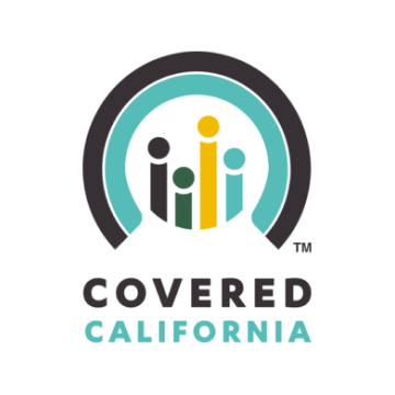 A logo for covered california is shown on a white background