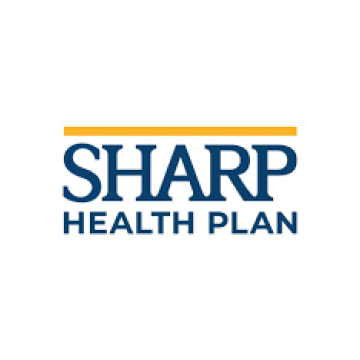 The logo for the sharp health plan is blue and yellow.