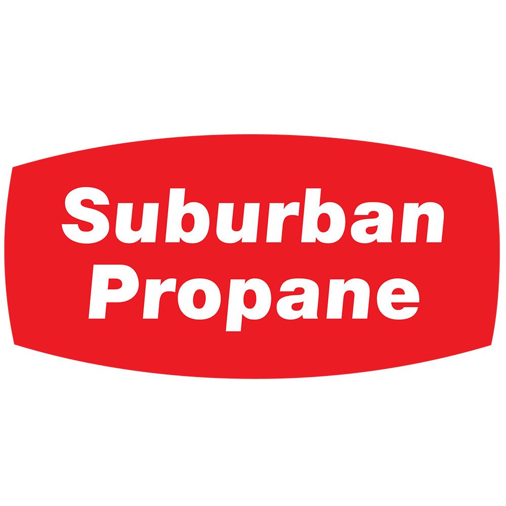 A red sign that says suburban propane on it