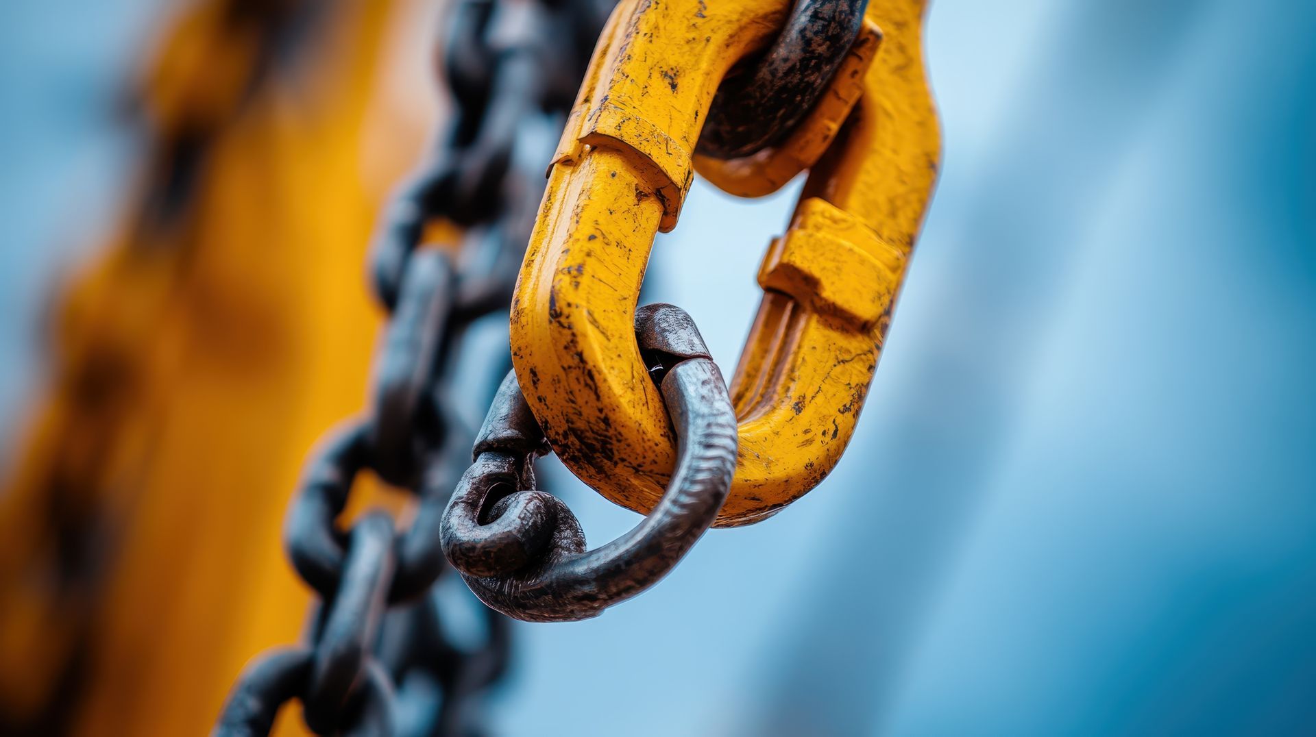 Durable industrial chains with a yellow lifting hook for reliable heavy duty towing operations.