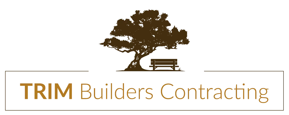 A logo for trim builders contracting with a tree and a bench