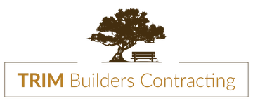 A logo for trim builders contracting with a tree and a bench