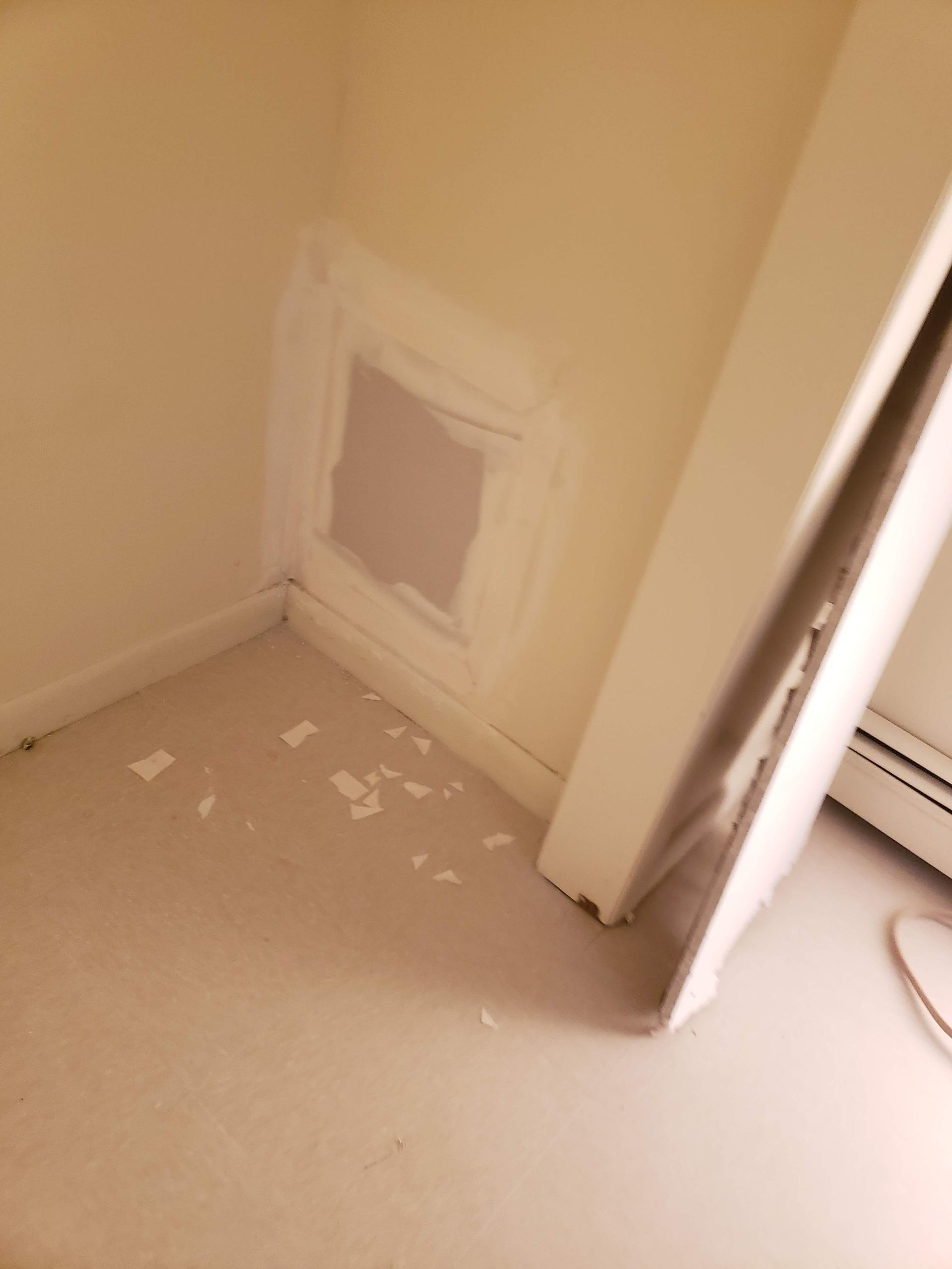 There is a cat door in the corner of the room.