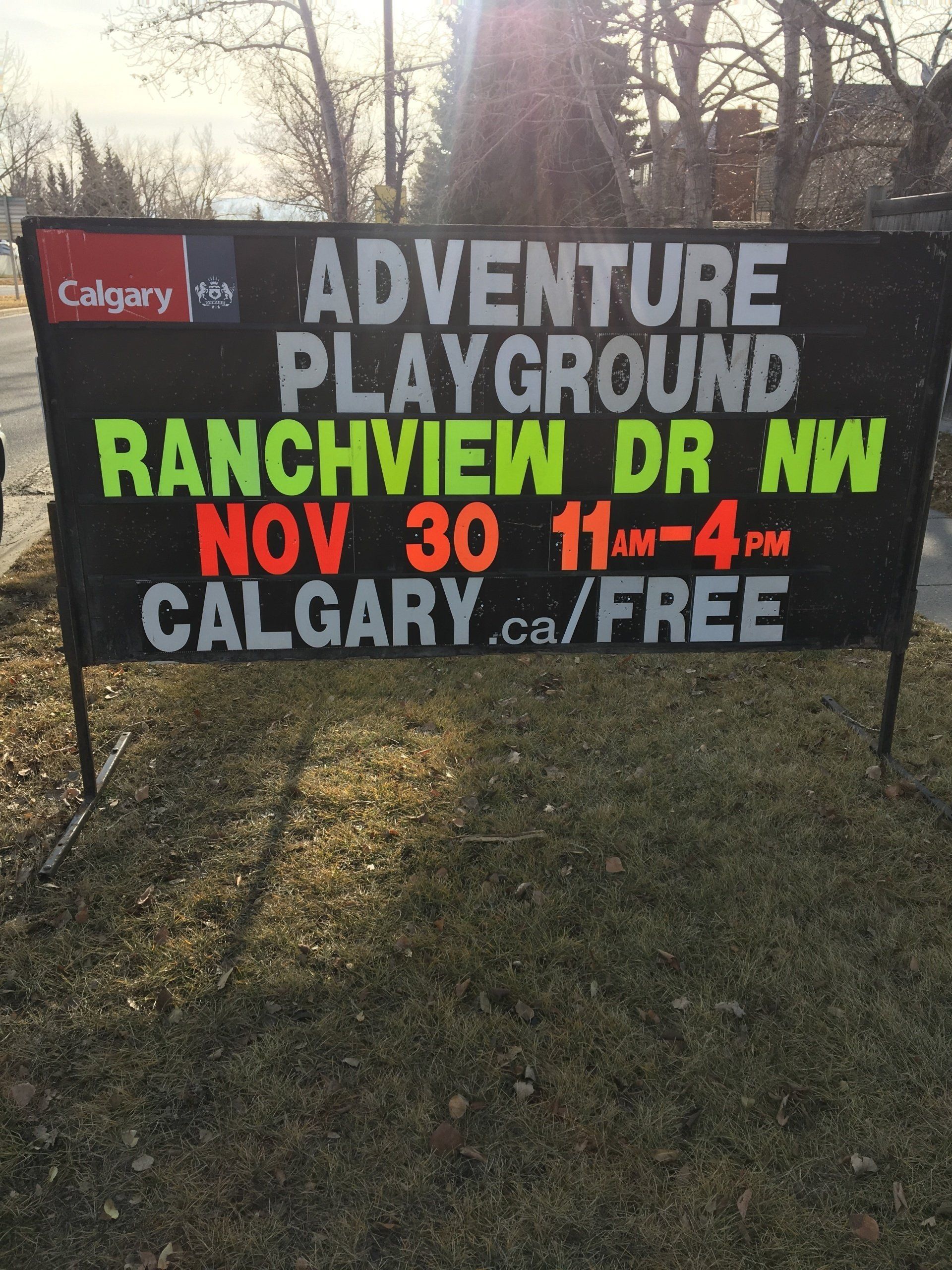 Banner for Adventure Playground at Ranchview Dr NW, Calgary, November 30, 11am-4pm, free.