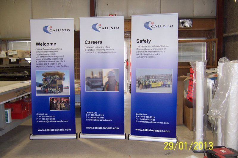 Three blue banners with the words welcome career and safety on them