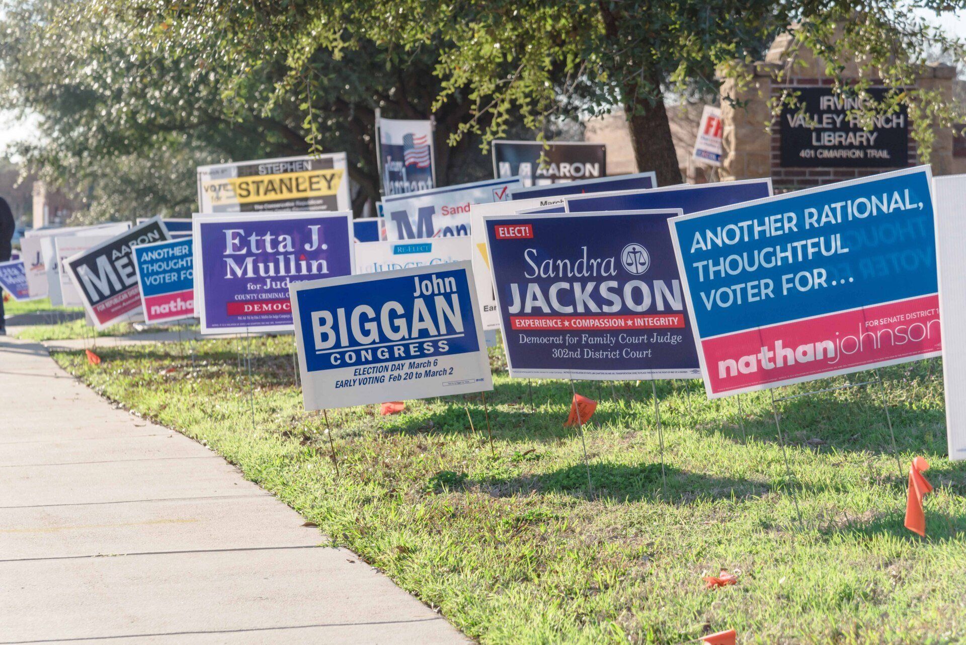 Political campaign signs in a grassy area next to a sidewalk.