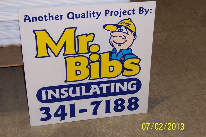 Sign for Mr. Bibs Insulating, white background with a cartoon man in a yellow cap, blue text and phone number.