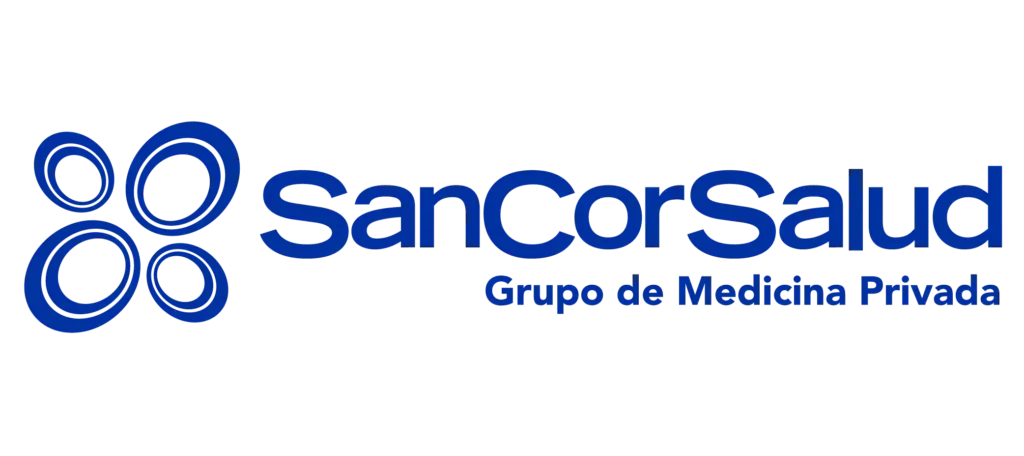 A blue and white logo for sancorsalud grupo de medicina privada